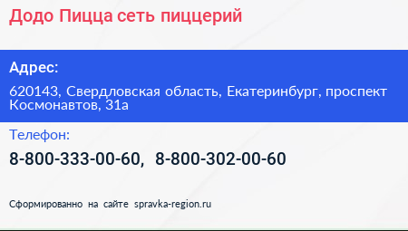 Додо Пицца сеть пиццерий - визитка