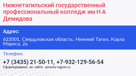 Нижнетагильский государственный профессиональный колледж им Н А Демидова - визитка