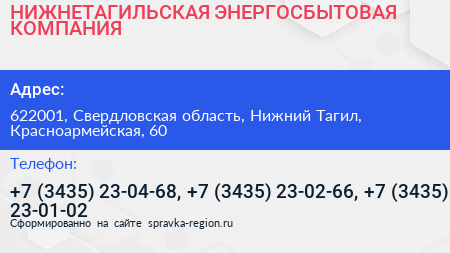 НИЖНЕТАГИЛЬСКАЯ ЭНЕРГОСБЫТОВАЯ КОМПАНИЯ - визитка