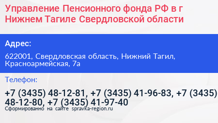 Управление Пенсионного фонда РФ в г Нижнем Тагиле Свердловской области - визитка