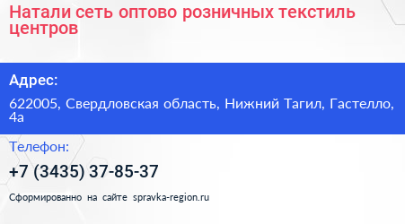 Натали сеть оптово розничных текстиль центров - визитка