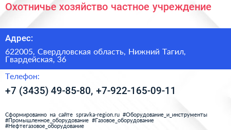 Охотничье хозяйство частное учреждение - визитка