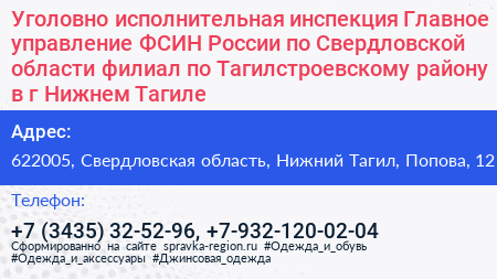 Уголовно исполнительная инспекция Главное управление ФСИН России по Свердловской области филиал по Тагилстроевскому району в г Нижнем Тагиле - визитка