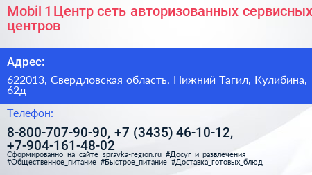 Mobil 1 Центр сеть авторизованных сервисных центров - визитка