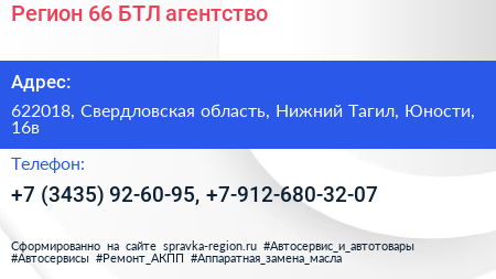 Регион 66 БТЛ агентство - визитка