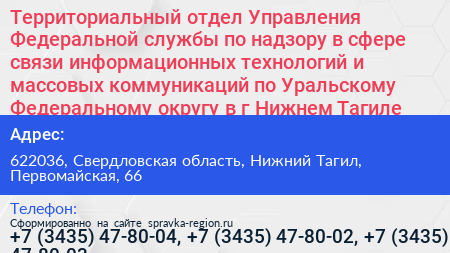 Территориальный отдел Управления Федеральной службы по надзору в сфере связи информационных технологий и массовых коммуникаций по Уральскому Федеральному округу в г Нижнем Тагиле - визитка