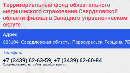 Территориальный фонд обязательного медицинского страхования Свердловской области филиал в Западном управленческом округе - визитка