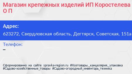 Магазин крепежных изделий ИП Коростелева О П  - визитка