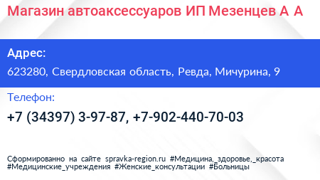 Магазин автоаксессуаров ИП Мезенцев А А - визитка