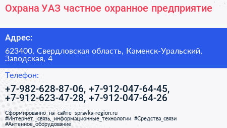 Охрана УАЗ частное охранное предприятие - визитка