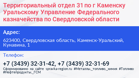 Территориальный отдел 31 по г Каменску Уральскому Управление Федерального казначейства по Свердловской области - визитка