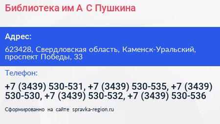 Библиотека им А С Пушкина - визитка