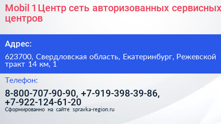 Mobil 1 Центр сеть авторизованных сервисных центров - визитка