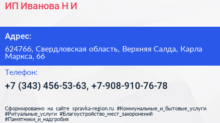 ИП Иванова Н И  - визитка
