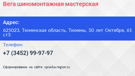 Вега шиномонтажная мастерская - визитка