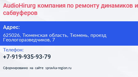 AudioHirurg компания по ремонту динамиков и сабвуферов - визитка