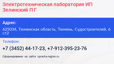 Электротехническая лаборатория ИП Зелинский П Г  - визитка