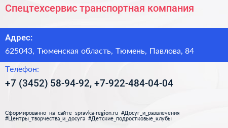 Спецтехсервис транспортная компания - визитка