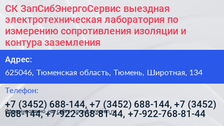 СК ЗапСибЭнергоСервис выездная электротехническая лаборатория по измерению сопротивления изоляции и контура заземления - визитка