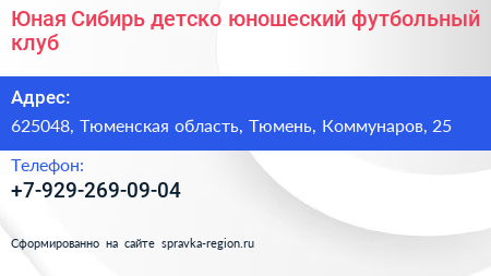 Юная Сибирь детско юношеский футбольный клуб - визитка