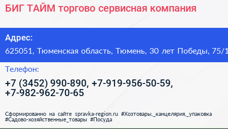 БИГ ТАЙМ торгово сервисная компания - визитка