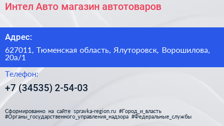 Интел Авто магазин автотоваров - визитка