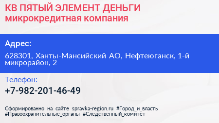 КВ ПЯТЫЙ ЭЛЕМЕНТ ДЕНЬГИ микрокредитная компания - визитка