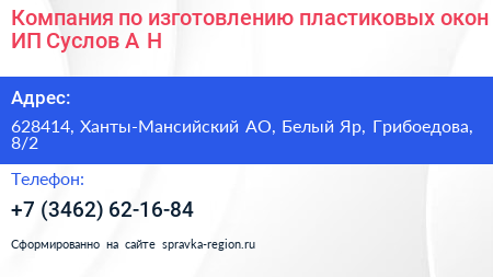Компания по изготовлению пластиковых окон ИП Суслов А Н  - визитка
