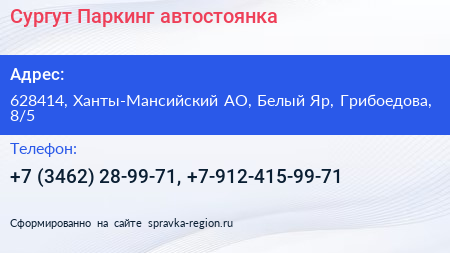 Сургут Паркинг автостоянка - визитка