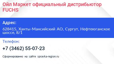 Ойл Маркет официальный дистрибьютор FUCHS - визитка
