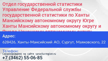 Отдел государственной статистики Управление Федеральной службы государственной статистики по Ханты Мансийскому автономному округу Югре Ханты Мансийскому автономному округу и Ямало Ненецкому автономному округу - визитка