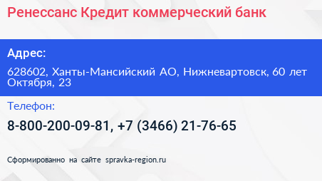 Ренессанс Кредит коммерческий банк - визитка