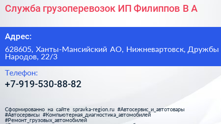 Служба грузоперевозок ИП Филиппов В А  - визитка