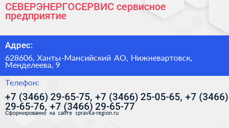 СЕВЕРЭНЕРГОСЕРВИС сервисное предприятие - визитка