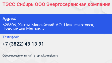 ТЭСС Сибирь ООО Энергосервисная компания - визитка