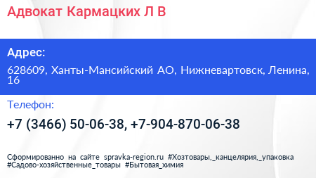 Адвокат Кармацких Л В  - визитка