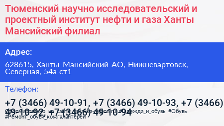 Тюменский научно исследовательский и проектный институт нефти и газа Ханты Мансийский филиал - визитка