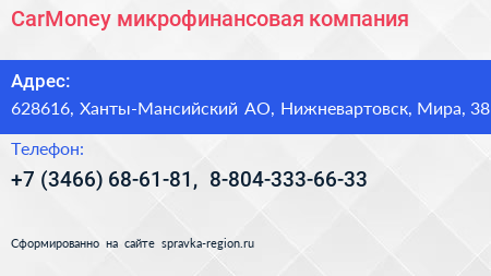 CarMoney микрофинансовая компания - визитка
