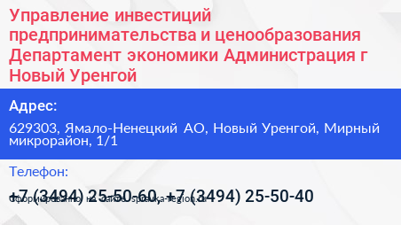 Управление инвестиций предпринимательства и ценообразования Департамент экономики Администрация г Новый Уренгой - визитка