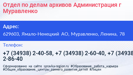 Отдел по делам архивов Администрация г Муравленко - визитка