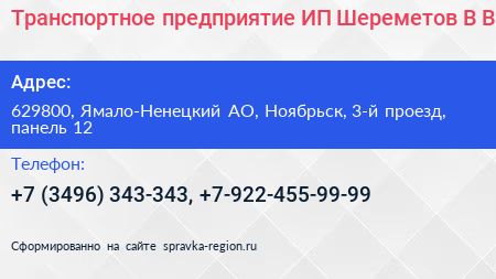 Транспортное предприятие ИП Шереметов В В  - визитка