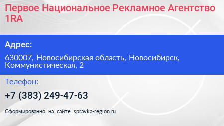 Первое Национальное Рекламное Агентство 1RA - визитка