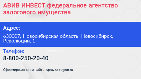 АВИВ ИНВЕСТ федеральное агентство залогового имущества - визитка