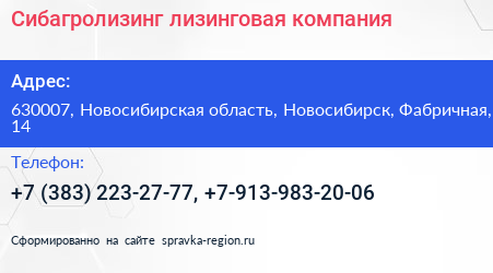 Сибагролизинг лизинговая компания - визитка