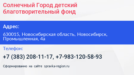 Солнечный Город детский благотворительный фонд - визитка