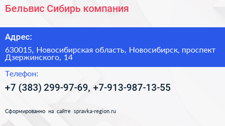 Бельвис Сибирь компания - визитка