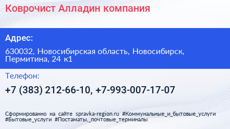 Коврочист Алладин компания - визитка