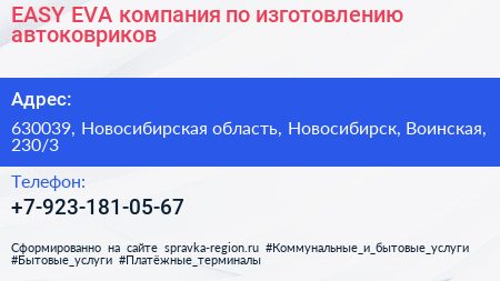 EASY EVA компания по изготовлению автоковриков - визитка