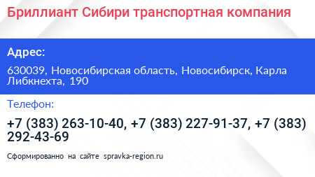 Бриллиант Сибири транспортная компания - визитка