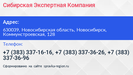 Сибирская Экспертная Компания - визитка